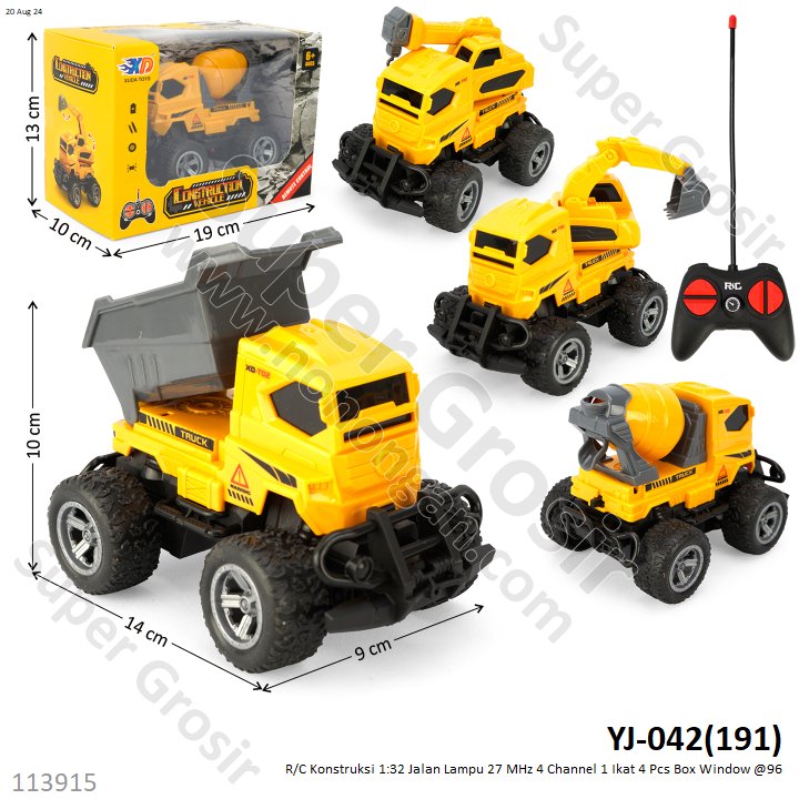 R/C Truk Konstruksi Monster Truck 1:32 Jalan Lampu 27 MHz 4 Channel 1 Ikat 4 Pcs Box Window @96