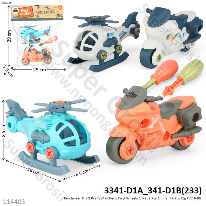 DIY Kendaraan 2 Pcs Sepeda Motor dan Helikopter F/W + Obeng First Wheels 1 Ikat 2 Pcs 1 Inner 48 Pcs Ktg PVC @96