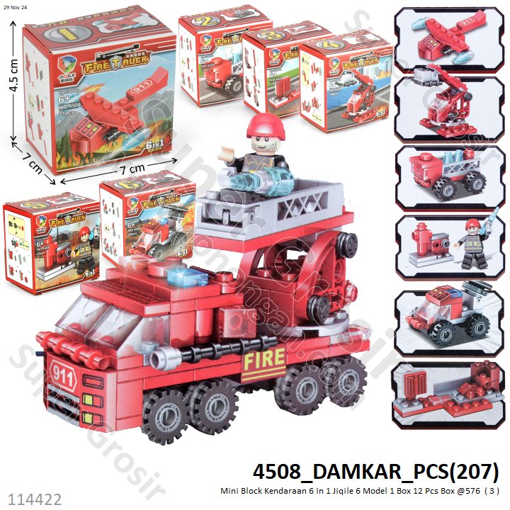 Mini Block Kendaraan Damkar / Polisi / Konstruksi 6 In 1 Jiqile 6 Model 1 Box 12 Pcs Box @576