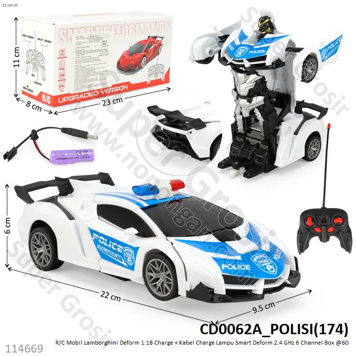 R/C Mobil Sedan Lamborghini Deform 1:18 Charge + Kabel Charge Lampu Smart Deform 2.4 GHz 6 Channel Box @60