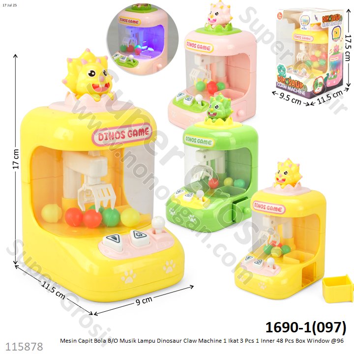 Mesin Capit Bola B/O Musik Lampu Dinosaur Claw Machine 1 Ikat 3 Pcs 1 Inner 48 Pcs Box Window @96 