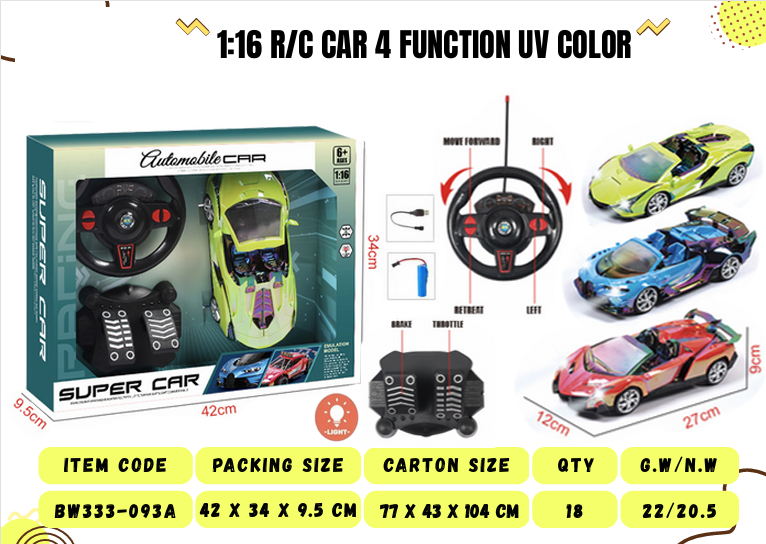 R/C Mobil Lamborghini 1:16 Charge + Kabel Charge Lampu Super Car 27 MHz 4 Channel BW333-093A Box Window @18