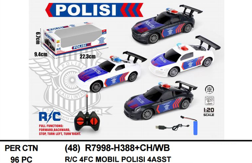 R/C Mobil Sedan Polisi 1:20 Charge + Kabel Charge Lampu Polisi 27 MHz 4 Channel 1 Ikat 4 Pcs Box Window @96