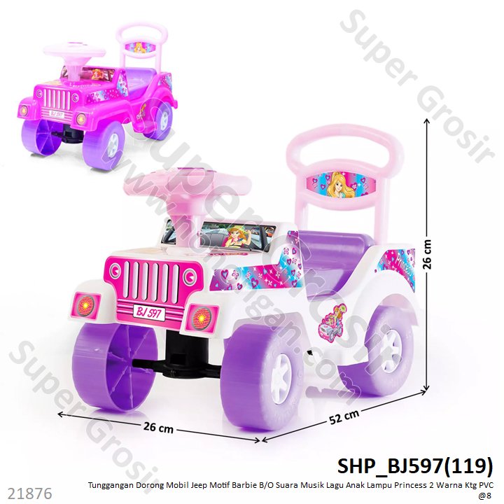 Tunggangan Mobil Jeep Barbie + Sandaran Dorong B/O Suara Musik Lagu Anak Lampu Princess 2 Warna Ktg PVC @8
