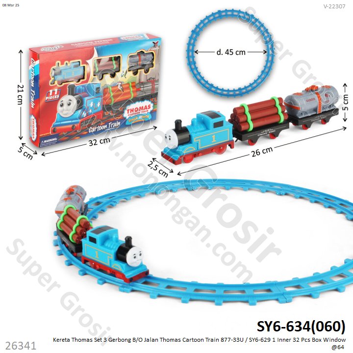 Kereta Thomas 3 Gerbong dan Track B/O Jalan Thomas Cartoon Train 877-33U / SY6-629 1 Inner 32 Pcs Box Window @64