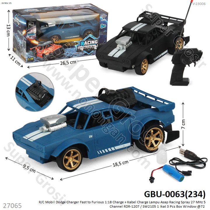 R/C Mobil Dodge Charger Fast to Furious 1:18 Charge + Kabel Charge Lampu Asap Racing Spray 27 MHz 5 Channel RDR-1207 / SW2105 1 Ikat 3 Pcs Box Window @72