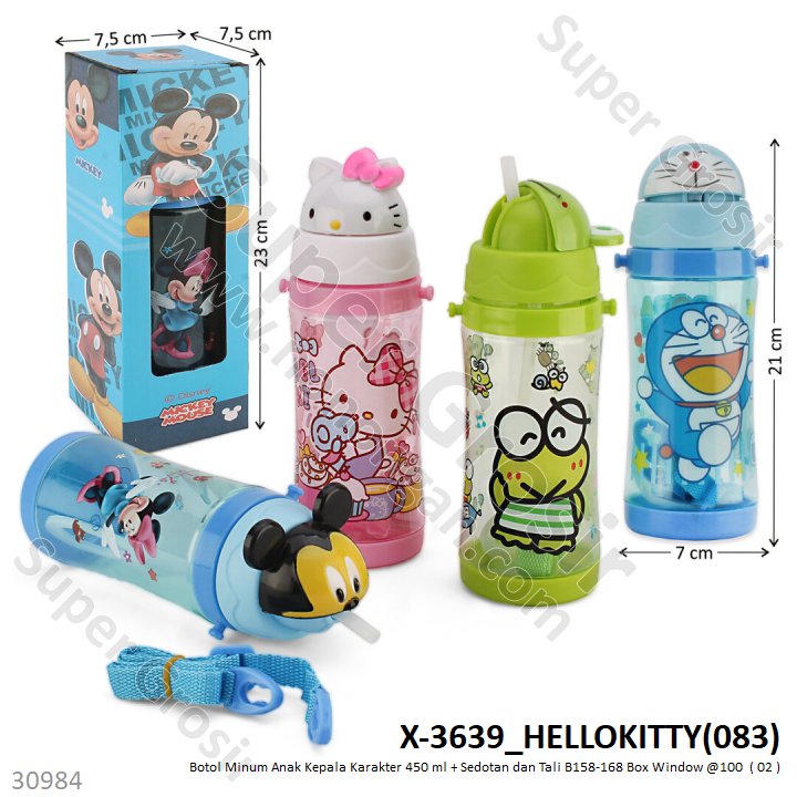 Botol Minum Anak Kepala Karakter 450ml + Sedotan + Tali B158-168 4 Karakter 1 Inner 25 Pcs Box Window @100