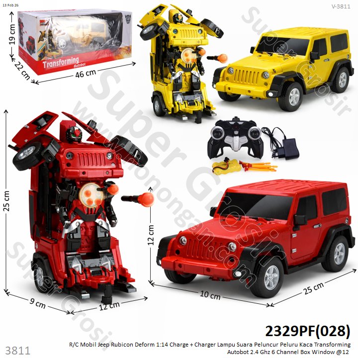 R/C Mobil Jeep Rubicon Deform 1:14 Charge + Charger Lampu Suara Peluncur Peluru Kaca Transforming Autobot 2.4 Ghz 6 Channel Box Window @12