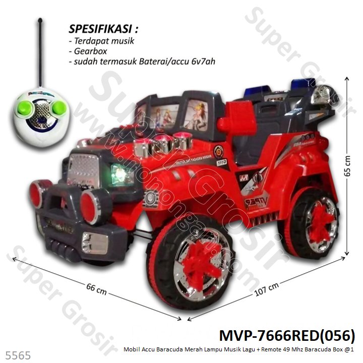 Mobil Aki Jeep Merah Lampu Musik Lagu + Remote 49 Mhz Baracuda Box @1