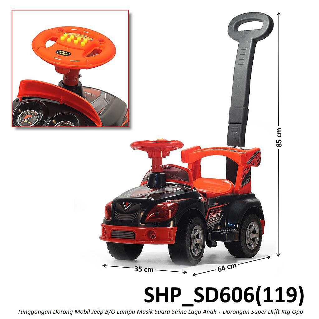 Tunggangan Mobil Jeep + Sandaran dan Dorongan B/O Musik Suara Sirine Lagu Anak Lampu Super Drift Ktg Opp @6