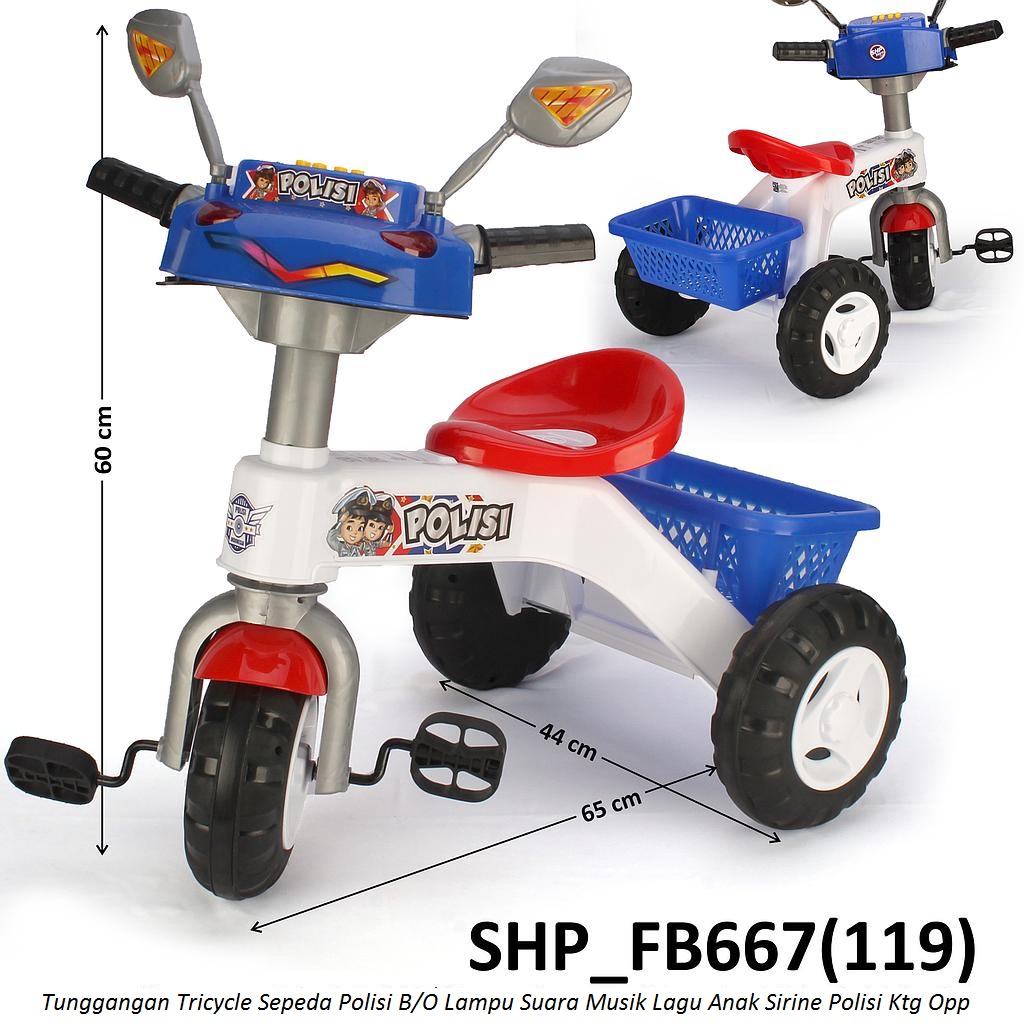 Tunggangan Sepeda Roda 3 Motor Polisi Keranjang B/O Suara Musik Lagu Anak Sirine Polisi Lampu Ktg Opp @6