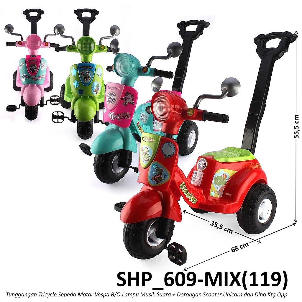 Tunggangan Sepeda Roda 3 Motor Vespa B/O Suara Musik Lagu Anak Lampu + Dorongan Scooter Unicorn dan Dino Ktg Opp @4