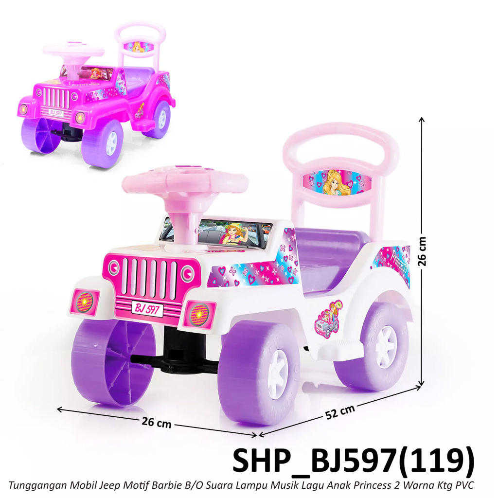 Tunggangan Mobil Jeep Barbie + Sandaran Dorong B/O Suara Musik Lagu Anak Lampu Princess 2 Warna Ktg PVC @8