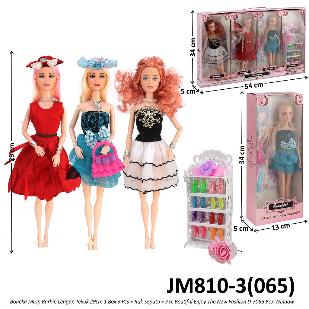 Boneka Barbie 3 Pcs + Acc Rak Sepatu Body Padat Lengan Tekuk Beatiful Enjoy The New Fashion D-3069 Box Window @32