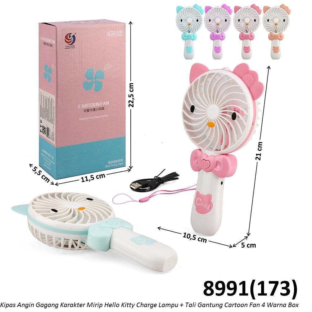 Kipas Angin Genggam Hello Kitty + Kabel USB dan Tali Gantung Charge Lampu Cartoon Fan 4 Warna Box @120