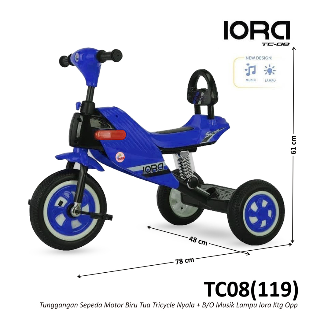 Tunggangan Tricycle Sepeda Motor Trail Besi Biru Tua + B/O Musik Lampu Iora Ktg Opp @4