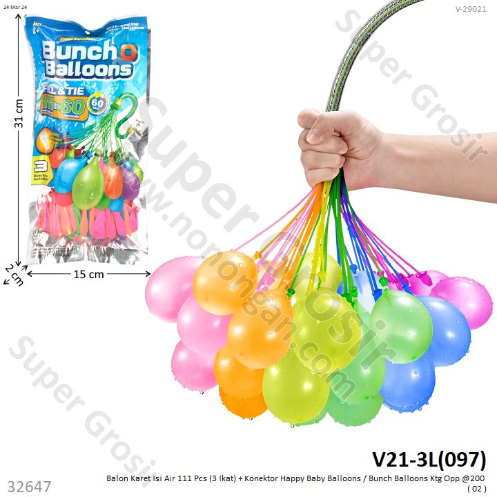 Balon Karet Perang Bom Air 111 Pcs (3 Ikat) + Konektor Happy Baby Balloons / Bunch Balloons V21-3L Ktg Opp @200