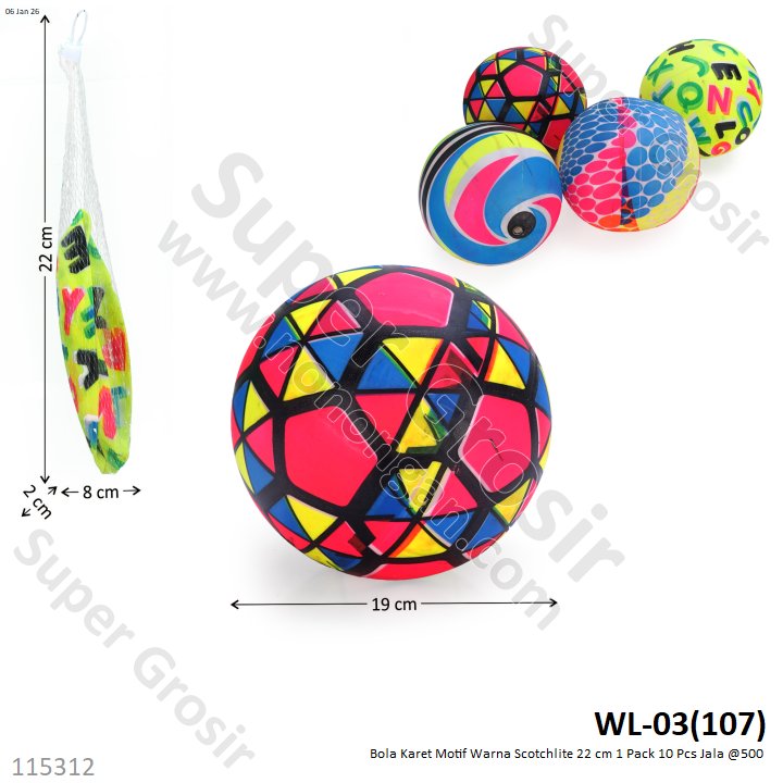 Bola Karet Motif Warna Scotchlite 22 cm 1 Pack 20 Pcs Jala @500