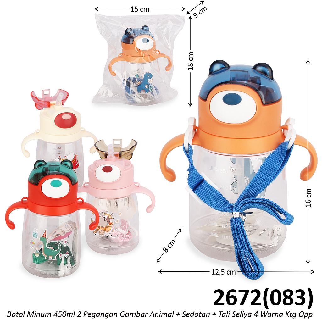 Botol Minum 450ml 2 Pegangan Gambar Animal + Sedotan + Tali Seliya 4 Warna Ktg Opp @70
