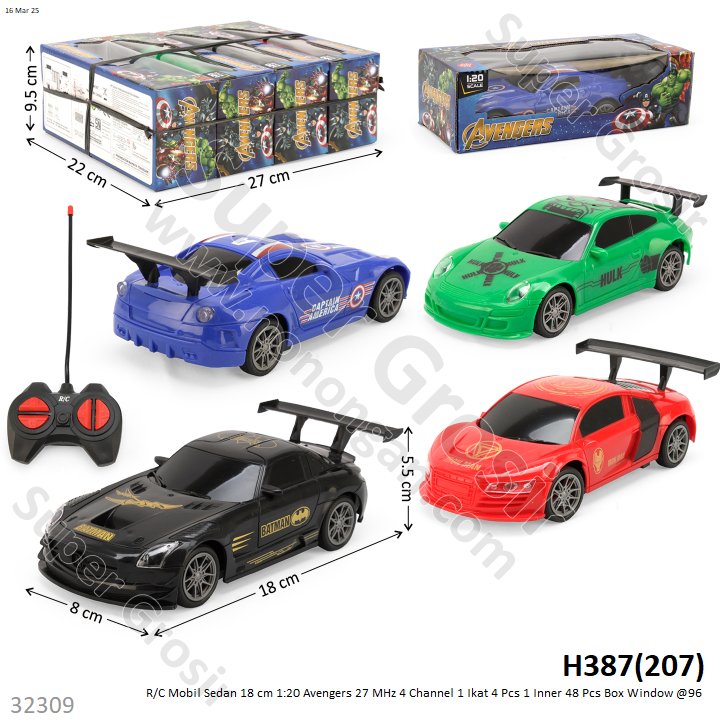 R/C Mobil Sedan 18 cm 1:20 Avengers 27 MHz 4 Channel 1 Ikat 4 Pcs 1 Inner 48 Pcs Box Window @96