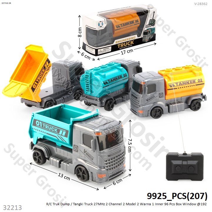 R/C Truk Sanitasi 13 cm Truck 27 MHz 2 Channel 2 Model (Dump / Tangki) 1 Ikat 4 Pcs 1 Inner 96 Pcs Box Window @192