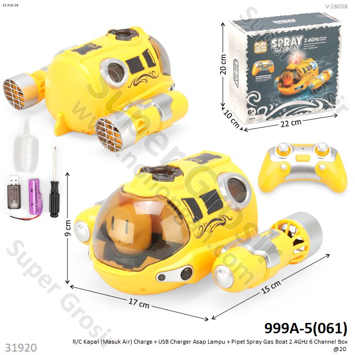 R/C Kapal Selam Charge + USB Charger Asap Lampu + Pipet Spray Gas Boat 2.4 GHz 6 Channel Box @20