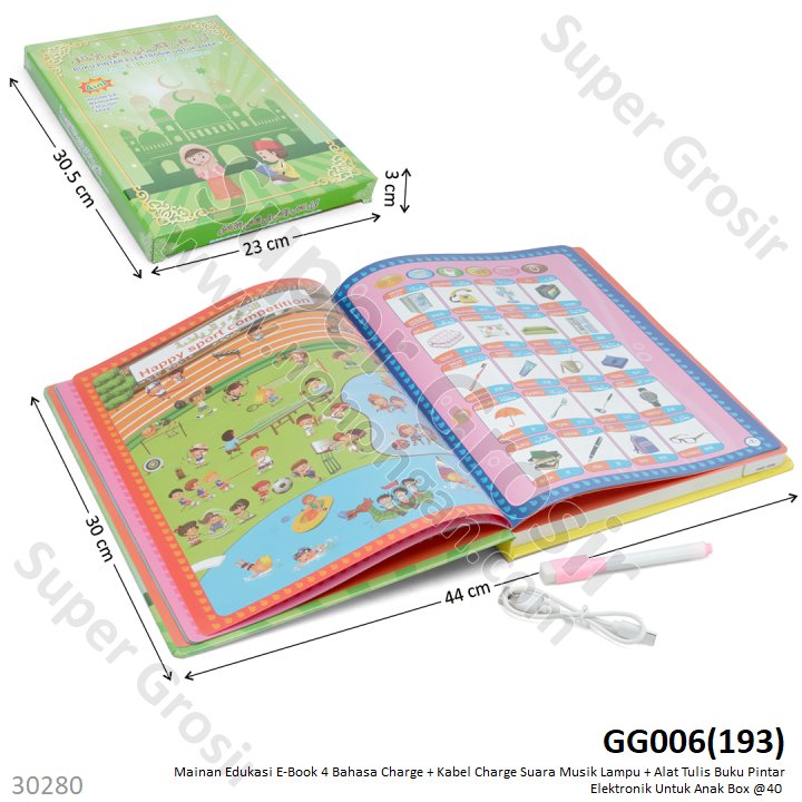 Mainan Edukasi E-Book 4 Bahasa Charge + Kabel Charge dan Pen Suara Musik Lampu Buku Pintar Elektronik Untuk Anak Box @40