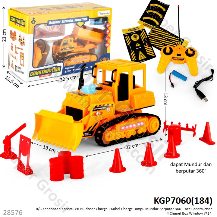 R/C Bulldozer Charge + Kabel Charge Lampu Mundur Berputar 360 + Acc Construction 4 Channel Box Window @24