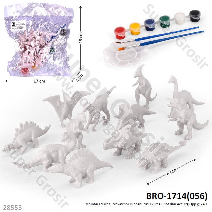 Dinosaurus Mewarnai Set 12 Pcs + Kuas, Palet dan Cat Ktg Opp @240