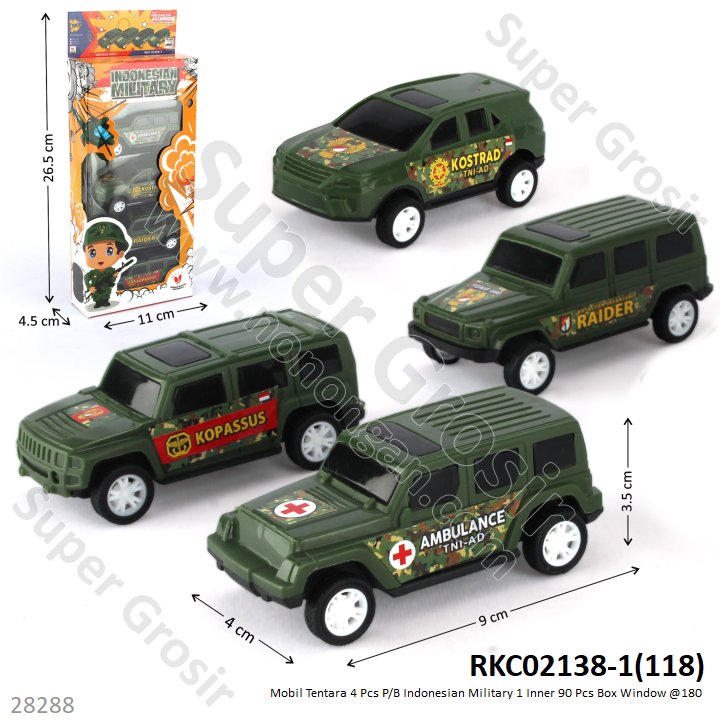 Mobil Tentara 4 Pcs P/B Indonesian Military 1 Inner 90 Pcs Box Window @180