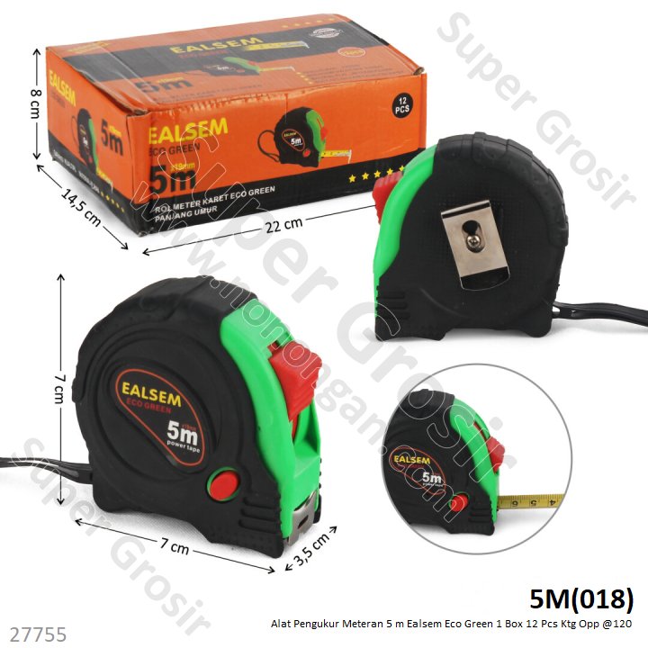 Meteran 5 m Ealsem Eco Green 1 Box 12 Pcs Loose Pack @120