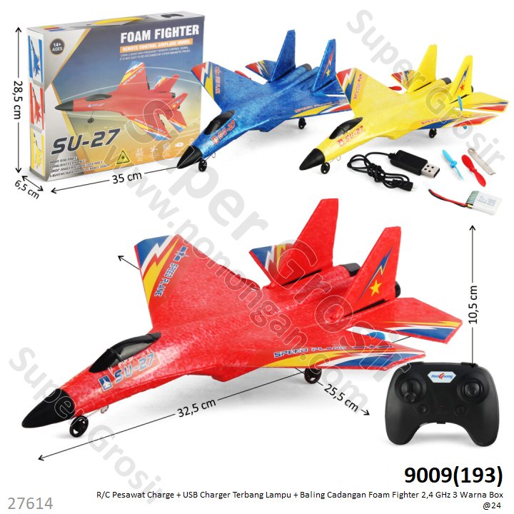 R/C Pesawat Tempur Charge + USB Charger Terbang Lampu + Baling Cadangan Foam Fighter 2,4 GHz 3 Warna Box @24