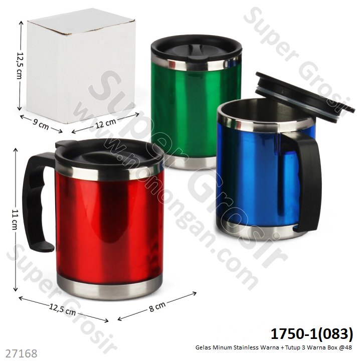 Gelas Minum Stainless Warna + Tutup 3 Warna Box @48