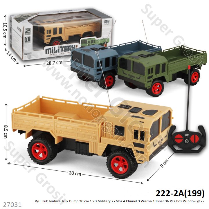 R/C Truk Tentara Dump 1:20 Military 20 cm 27 Mhz 4 Channel 3 Warna 1 Inner 36 Pcs Box Window @72
