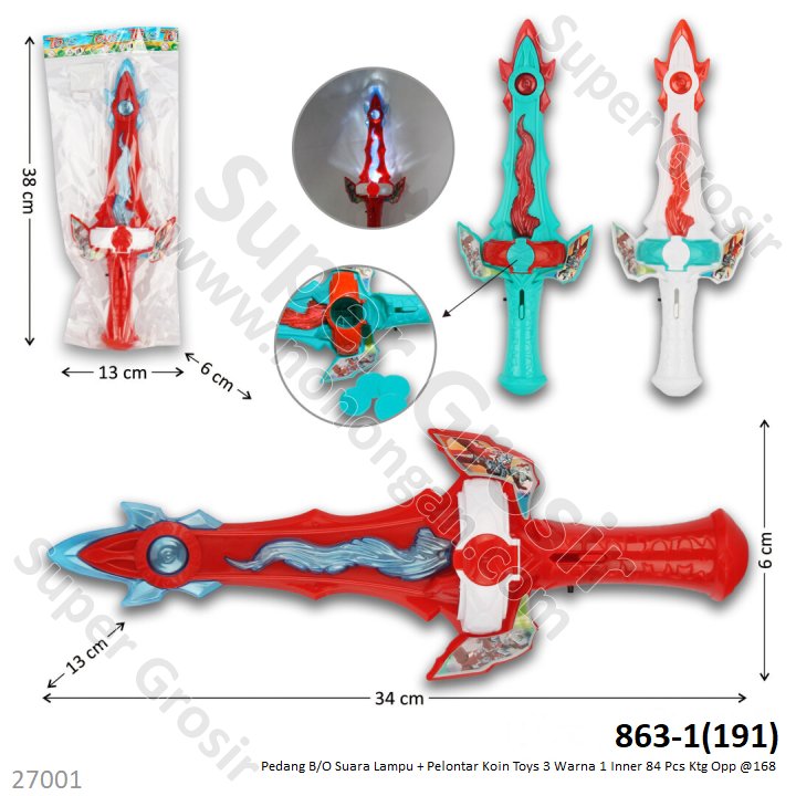 Mainan Pedang B/O Suara Lampu + Pelontar Koin Toys 3 Warna 1 Inner 84 Pcs Ktg Opp @168