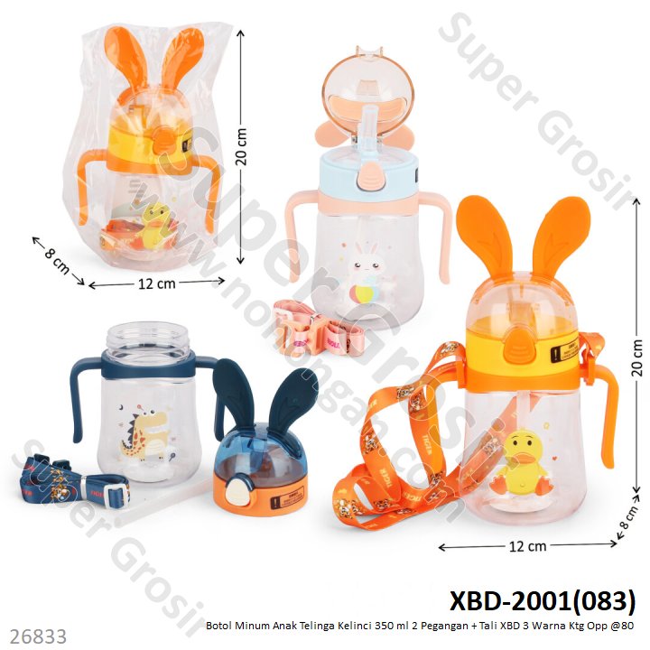 Botol Minum Anak Telinga Kelinci Gambar Karakter 350 ml 2 Pegangan + Tali XBD Ktg Opp @80