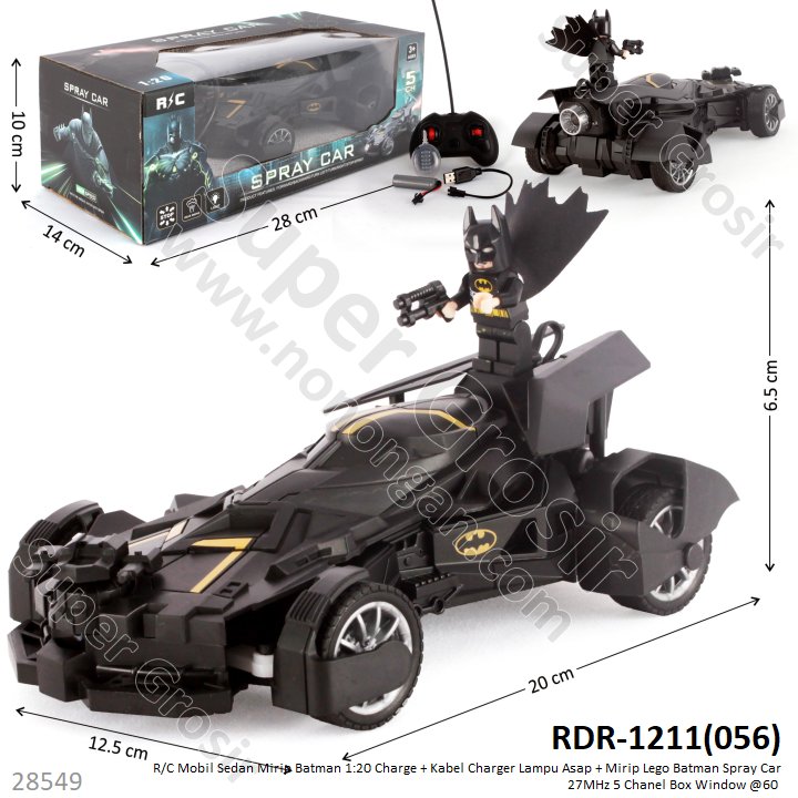R/C Mobil Batmobile 1:20 Charge + Kabel Charge Asap Lampu + Figure Batman Spray Car UJ99-2815B 27 MHz 5 Channel Box Window @60