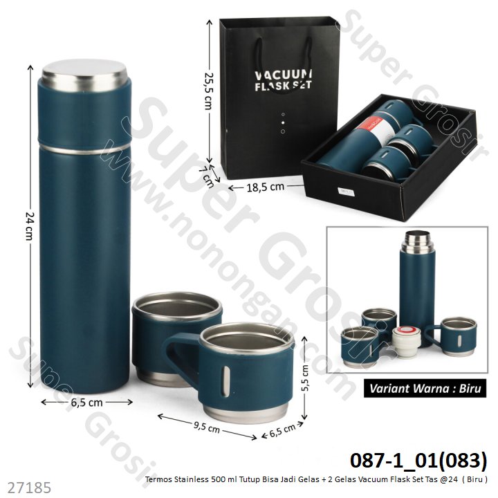 Termos Stainless Set 500 ml Tutup Bisa Jadi Cangkir + Cangkir 2 Pcs Vacuum Flask Set Tas @24