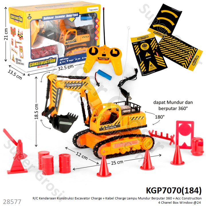 R/C Excavator + Acc Charge + Kabel Charge Lampu Mundur Berputar 360 Construction 4 Channel Box Window @24