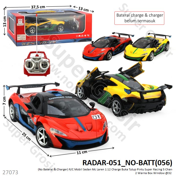 (No Baterai &amp; Charger) R/C Mobil Sedan McLaren 1:12 Charge + Charger Buka Tutup Pintu Super Racing 5 Channel 2 Warna Box Window @32