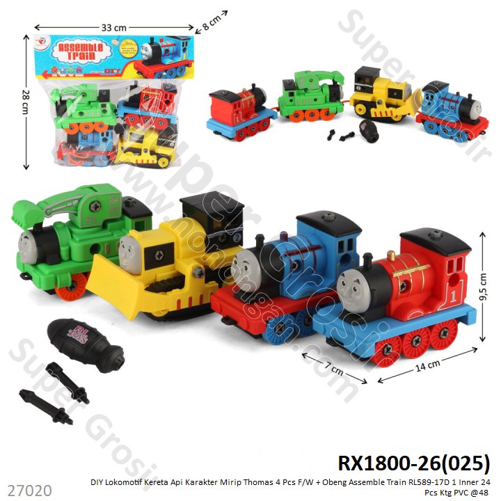 DIY Lokomotif Kereta Api Karakter Thomas 4 Pcs F/W + Obeng Assemble Train RL589-17D 1 Inner 24 Pcs Ktg PVC @48