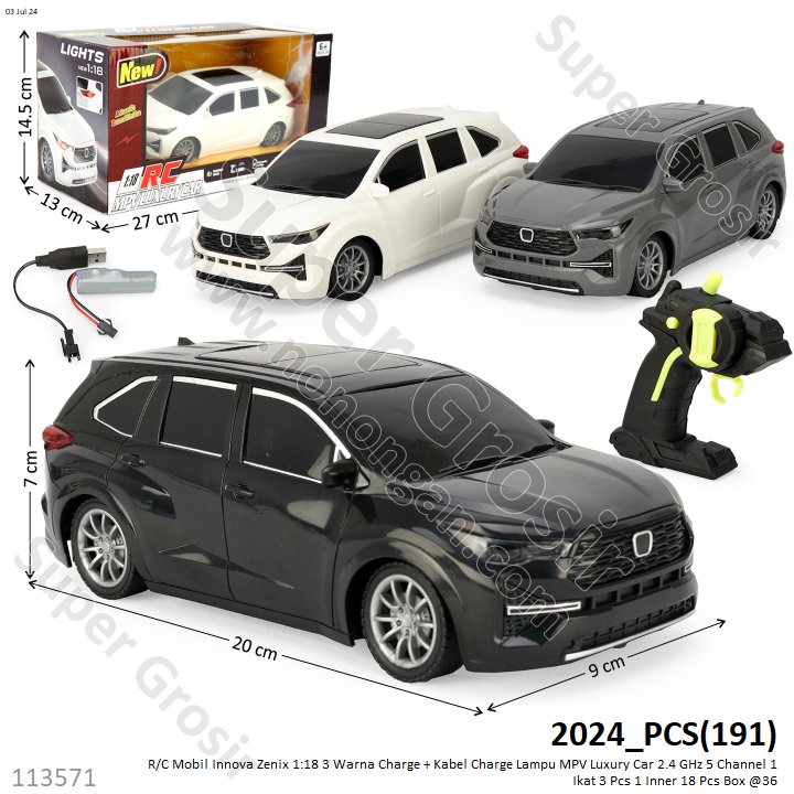 R/C Mobil Innova Zenix 1:18 Charge + Kabel Charge Lampu MPV Luxury Car 2.4 GHz 5 Channel 1 Ikat 3 Pcs 1 Inner 18 Pcs Box @36