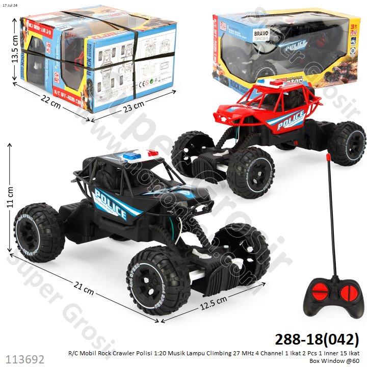 R/C Mobil Rock Crawler Polisi 1:20 Musik Lampu Climbing 27 MHz 4 Channel 1 Ikat 2 Pcs 1 Inner 15 Ikat Box Window @60