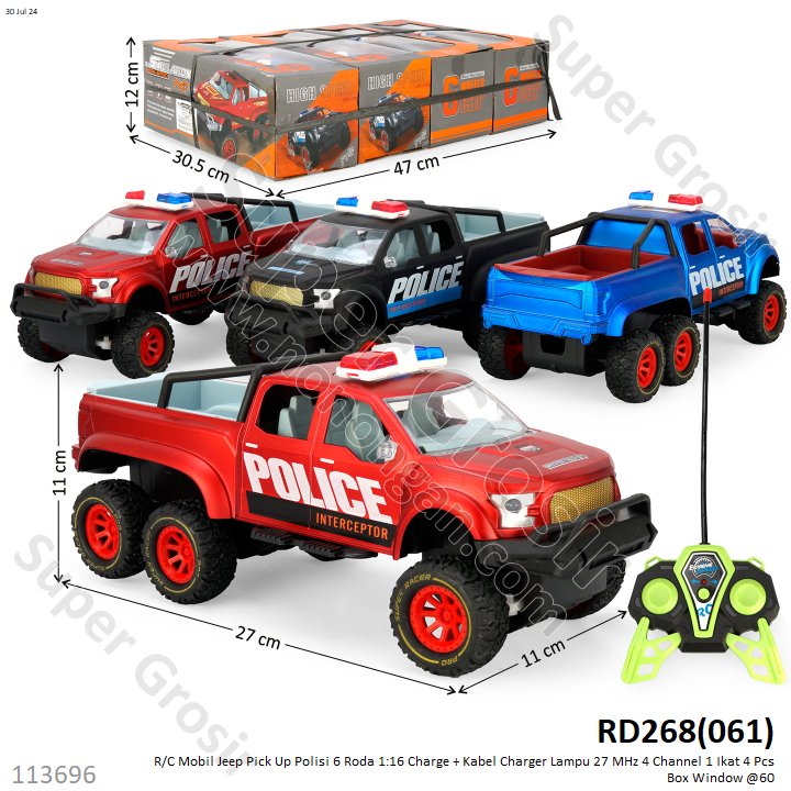 R/C Mobil Jeep Pick Up Polisi 6 Roda 1:16 Charge + Kabel Charger Lampu 27 MHz 4 Channel 1 Ikat 4 Pcs Box Window @60