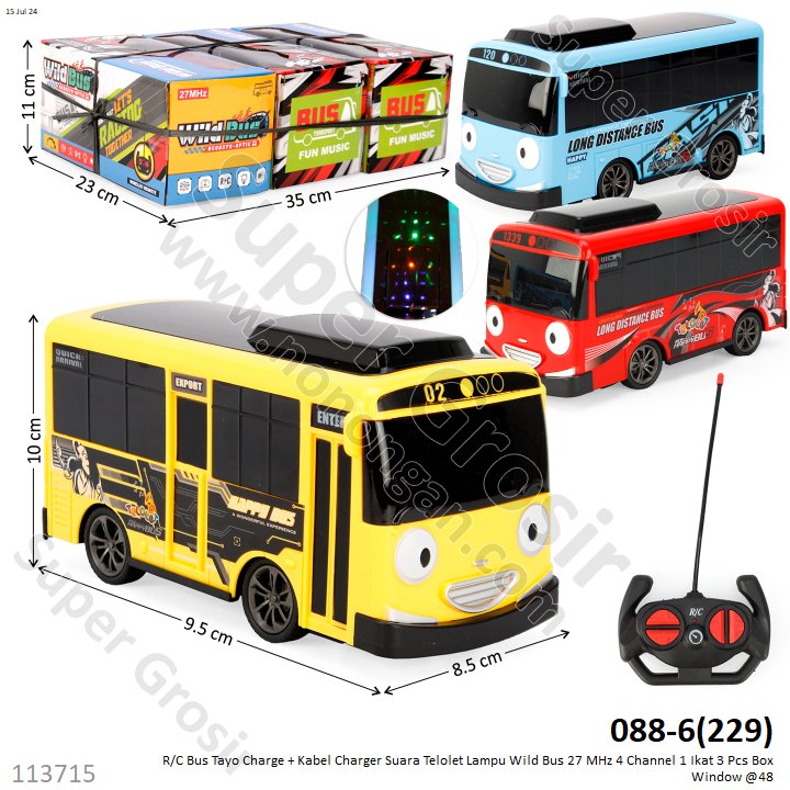R/C Bus Tayo Charge + Kabel Charger Suara Telolet / Lagu Tayo Lampu 27 MHz 4 Channel 1 Ikat 3 Pcs Box Window @36