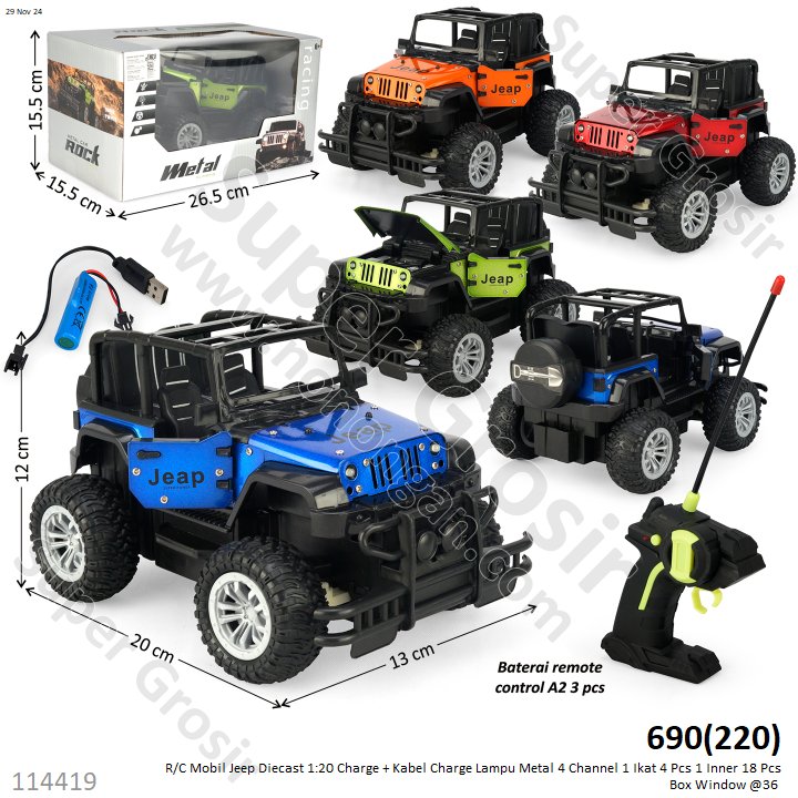 R/C Mobil Jeep Rubicon Diecast 1:20 Charge + Kabel Charge Lampu Metal 4 Channel 1 Ikat 4 Pcs 1 Inner 18 Pcs Box Window @36