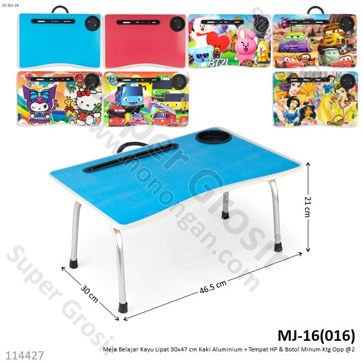 Meja Belajar Anak Kayu Lipat Kaki Aluminium Tempat HP &amp; Botol Minum 30x47 cm Ktg Opp @25