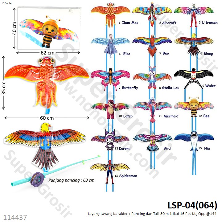 Layang Layang Karakter + Pancing dan Tali 30 m 1 Ikat 16 Pcs Ktg Opp @144