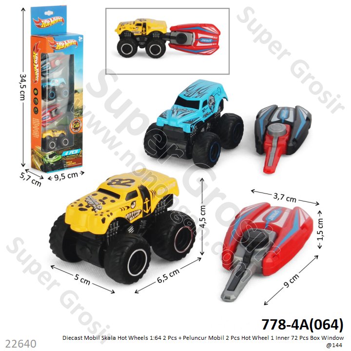 Diecast Monster Trucks Skala Hot Wheels 1:64 2 Pcs + Peluncur Mobil 2 Pcs Hot Wheel 1 Inner 72 Pcs Box Window @144