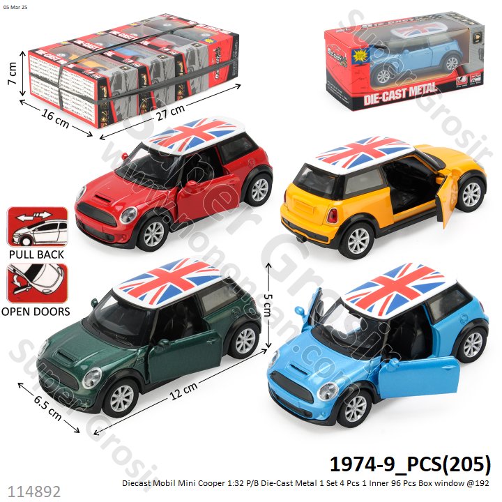 Diecast Mobil Mini Cooper 1:32 P/B Die-Cast Metal 1 Set 4 Pcs 1 Inner 96 Pcs Box Window @192